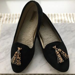 Birdies The Lark Black Suede w Cheetah Tassel